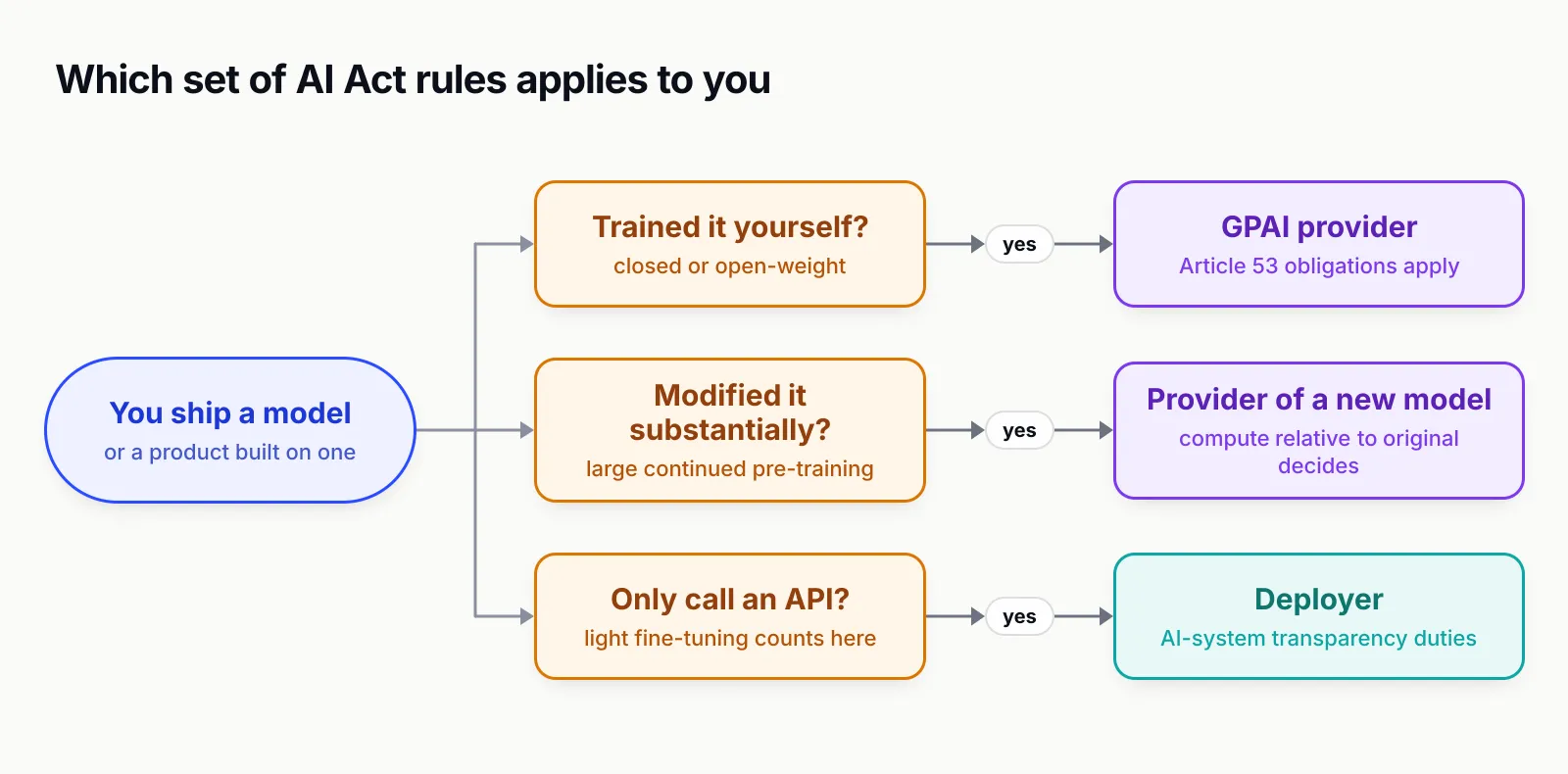 Decision diagram: training a model makes you a general-purpose AI provider under Article 53, substantially modifying one makes you the provider of a new model, and only calling an API makes you a deployer with transparency duties